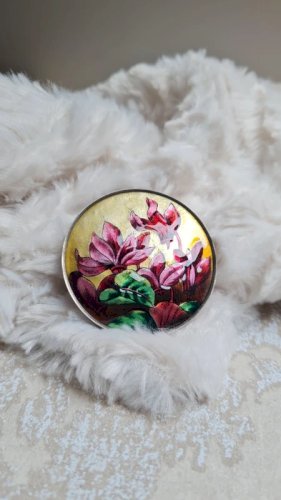 Broche ancienne émaux de limoges en argent fleurs cyclamen  Bardonnaud années 1900