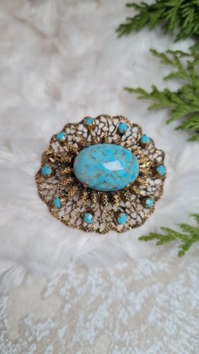 Broche ancienne filigrane plissé et pâte de verre imitation turquoise