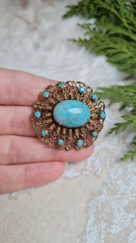 Broche ancienne filigrane plissé et pâte de verre imitation turquoise
