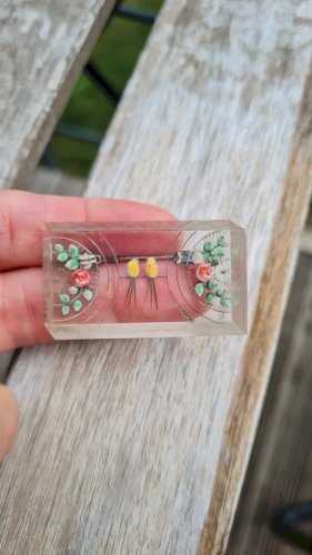 Broche ancienne lucite - avec des tourtereaux - Broche avec oiseaux rectangulaire