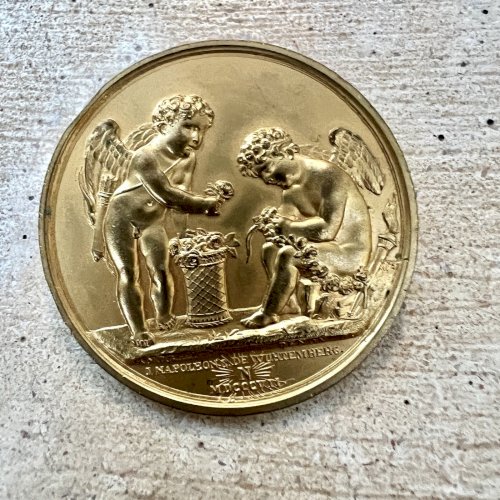 BROCHE ANCIENNE MÉDAILLE NAPOLÉON & WURTEMBERG - LAITON DORÉ - XIXe/DÉBUT XXe