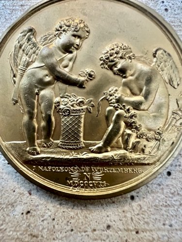 BROCHE ANCIENNE MÉDAILLE NAPOLÉON & WURTEMBERG - LAITON DORÉ - XIXe/DÉBUT XXe