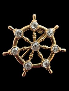 Antique gold brooch 18 Kt hallmark Eagle diamonds wheel Rudder Travel unisex