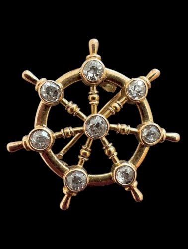 Broche ancienne or 18 Kt poinçon Aigle diamants roue Gouvernail Voyage unisexe