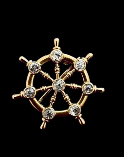 Broche ancienne or 18 Kt poinçon Aigle diamants roue Gouvernail Voyage unisexe