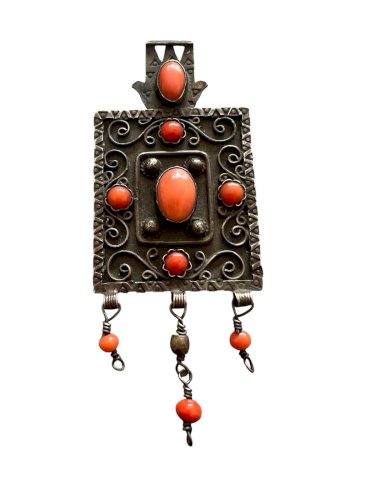 Broche Ancienne  Orientaliste Argent Poinçon Sanglier Corail Debut 20e Siecle