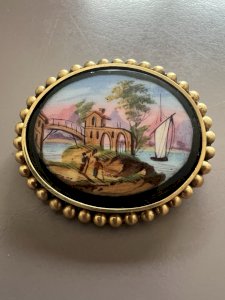 Broche Ancienne XIXe Médaillon Verre Décor Paysage Entourage Pomponne Antique