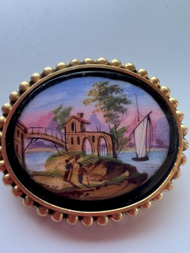 Broche Ancienne XIXe Médaillon Verre Décor Paysage Entourage Pomponne Antique