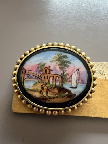 Broche Ancienne XIXe Médaillon Verre Décor Paysage Entourage Pomponne Antique