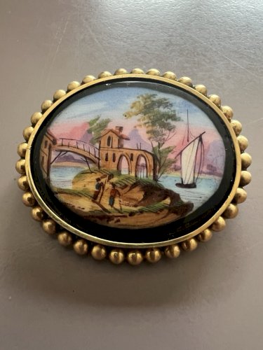 Broche Ancienne XIXe Médaillon Verre Décor Paysage Entourage Pomponne Antique