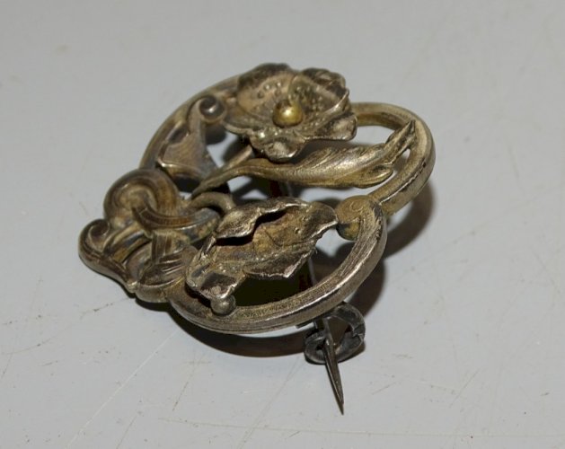 -BROCHE ARGENT FLEURS ART NOUVEAU Poinçon tête Sanglier Orfèvre BIJOU ANCIEN   D