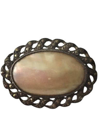Broche Argent Massif Nacre Marcassites Antique Victorian Silver Brooch