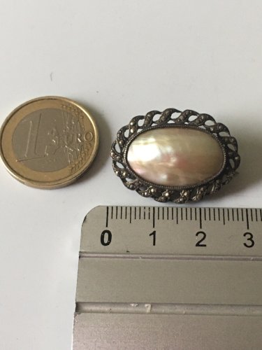 Broche Argent Massif Nacre Marcassites Antique Victorian Silver Brooch