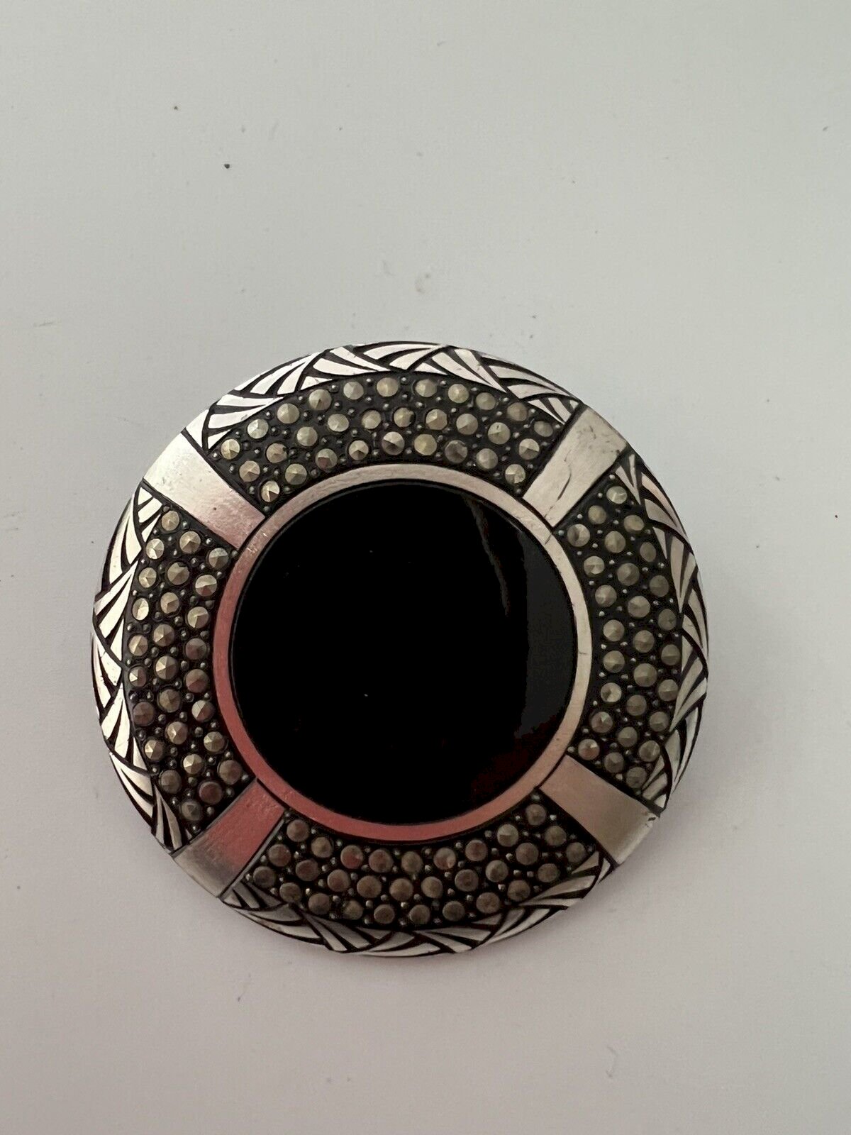 Broche Barrette Art Déco Argentée - Sertie D'Hématite Et Marcassites, Bijou Vintage Occasion