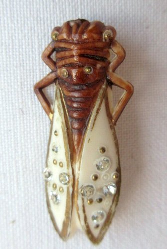 Broche Art Déco CIGALE, bakélite, ailes blanches avec strass argentés