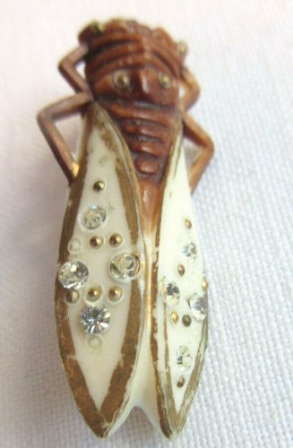 Broche Art Déco CIGALE, bakélite, ailes blanches avec strass argentés