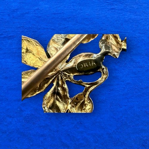 Broche Art nouveau 1900 feuille de marronnier-Oria-plaqué or-ancien - Unisexe