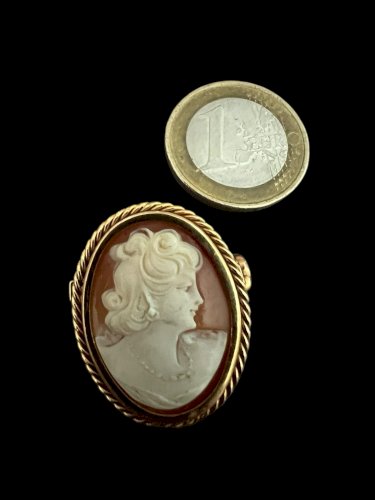 Broche camée coqillages plaqué or vintage, rétro, unisexe, collection