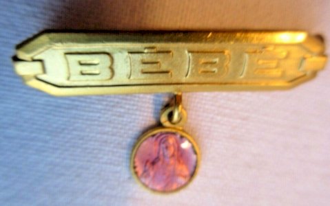 Art Deco Baptism Brooch BABY, gilt metal and pink Christ medal, hallmark