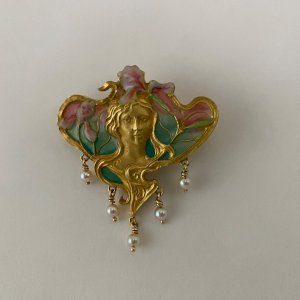 Gold brooch 1900 Art Nouveau glass cultured pearls M3541