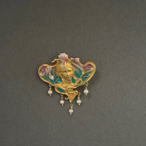 Broche en or 1900 Art Nouveau verre perles de culture M3541