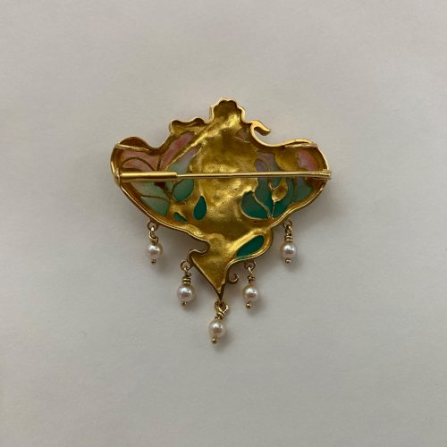 Broche en or 1900 Art Nouveau verre perles de culture M3541