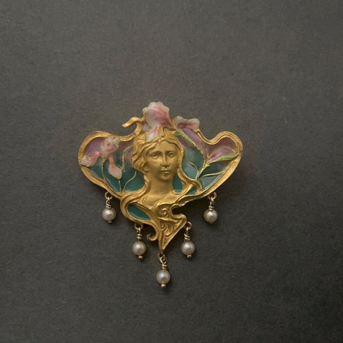 Broche en or 1900 Art Nouveau verre perles de culture M3541