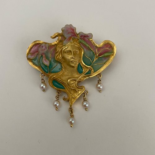 Broche en or 1900 Art Nouveau verre perles de culture M3541