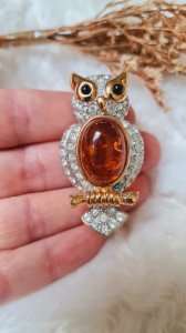 Broche hiboux - June - pierre d Ambre - vintage- broche strass