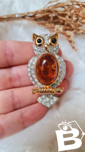 Broche hiboux - June - pierre d Ambre - vintage- broche strass