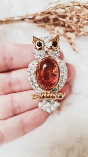 Broche hiboux - June - pierre d Ambre - vintage- broche strass