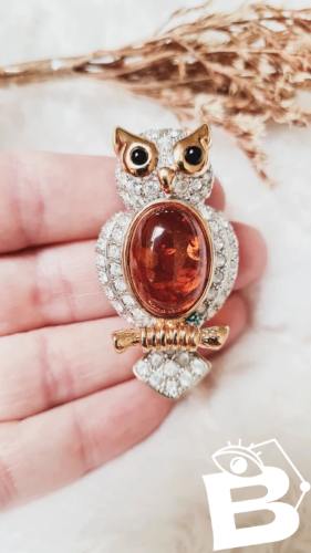 Broche hiboux - June - pierre d Ambre - vintage- broche strass