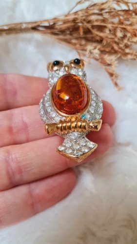 Broche hiboux - June - pierre d Ambre - vintage- broche strass
