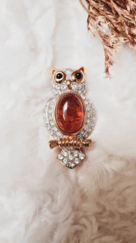 Broche hiboux - June - pierre d Ambre - vintage- broche strass