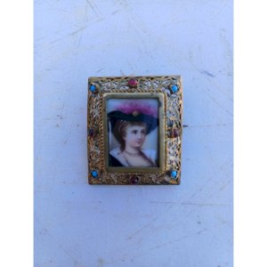 Gold Metal Brooch, Porcelain and Cabochons