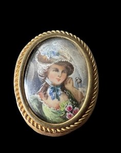 BROOCH PENDANT Antique PORTRAIT Woman MINIATURE Painted Signed ROMANTIC JEWEL
