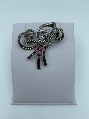 BROCHE RUBAN ARGENT 925 MILLIEMES VINTAGE MARCASSITES OXYDES 8 GRAMMES W724