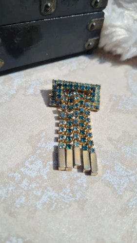 Broche vintage en strass et dorée et vert deau