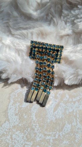 Broche vintage en strass et dorée et vert deau