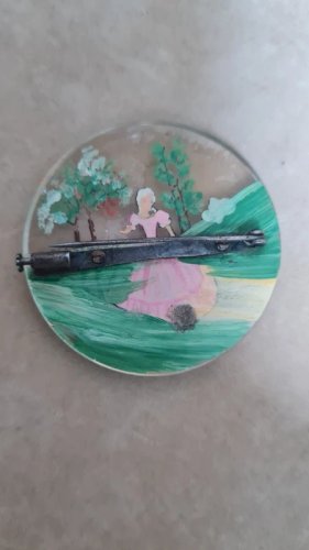 Broche vintage lucite - peinture inversée -collier en cadeau