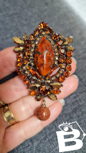 Broche vintage oversize couleur Mordoré strass et pate de verre