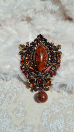 Broche vintage oversize couleur Mordoré strass et pate de verre