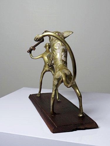 Bronze du Dahomey, Bénin Afrique, vintage/ancien XXe Le chasseur et la bête