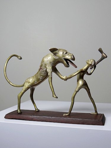 Bronze du Dahomey, Bénin Afrique, vintage/ancien XXe Le chasseur et la bête