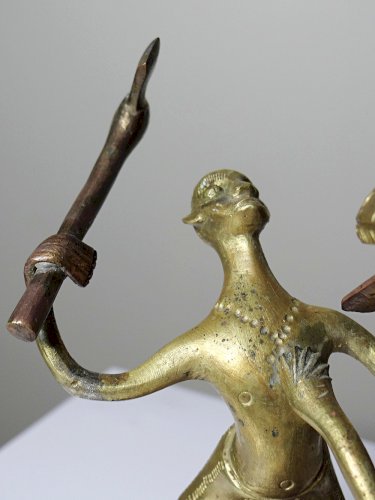 Bronze du Dahomey, Bénin Afrique, vintage/ancien XXe Le chasseur et la bête