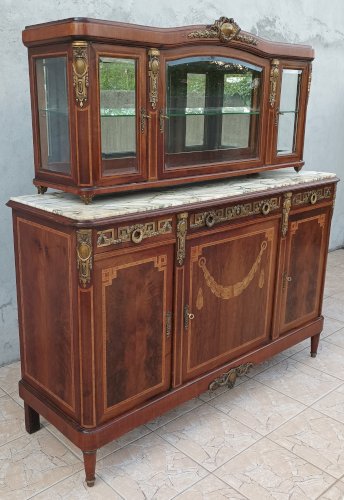 Buffet 2 corps Louis XVI en placage d'acajou et marqueterie de bois précieux
