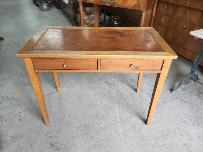 BUREAU PLATEAU CUIR AVEC 2 TIROIRS EN MERISIER