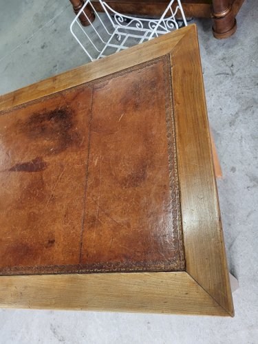 BUREAU PLATEAU CUIR AVEC 2 TIROIRS EN MERISIER