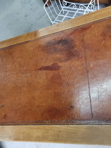 BUREAU PLATEAU CUIR AVEC 2 TIROIRS EN MERISIER