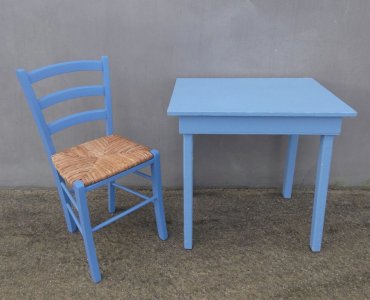 side table + blue wooden chair
